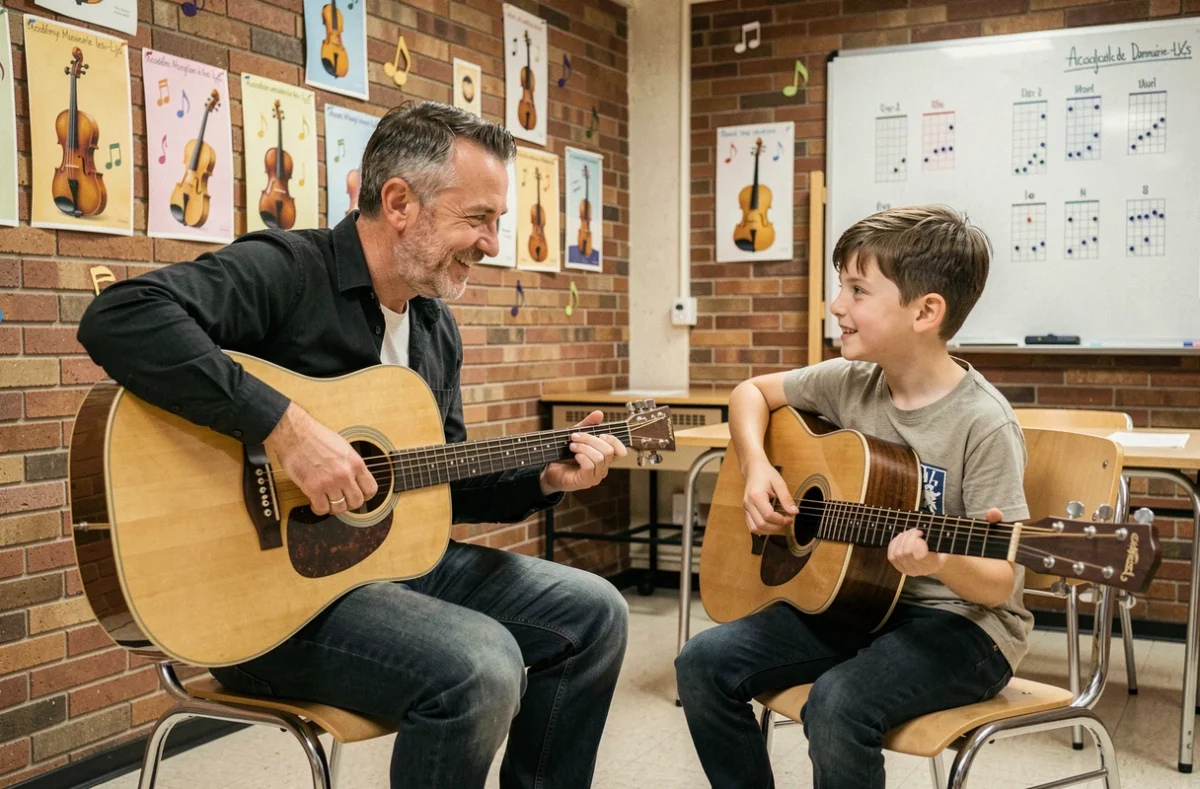 Un professeur de guitare et un jeune élève en cours à l'Académie Musicale de Dammarie-les-Lys