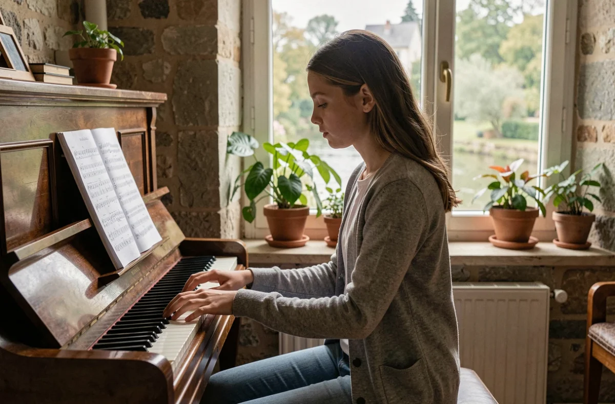 Une adolescente jouant du piano dans un studio de l'Académie Ravel à Samoreau, Seine-et-Marne