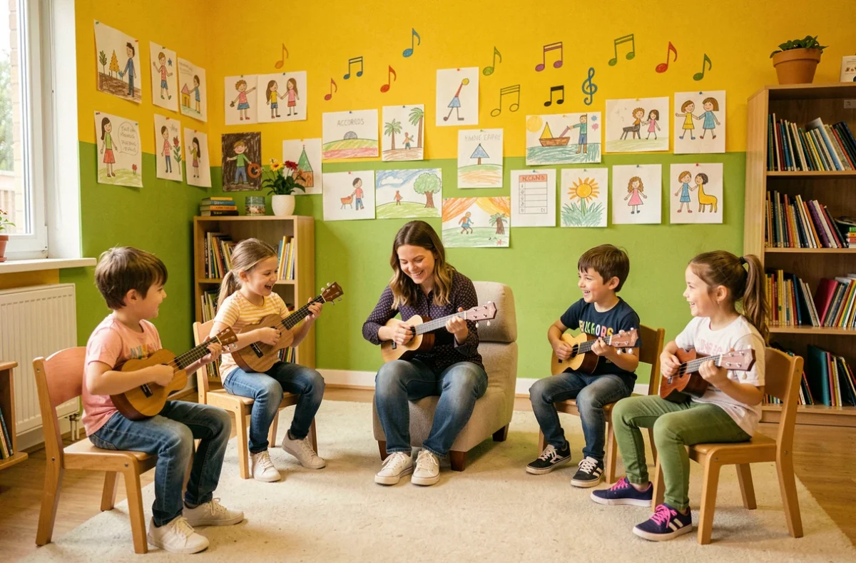 Une professeure animant un cours de ukulélé pour enfants à l'école ACCORDS de Thomery