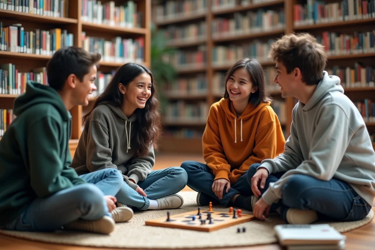 Groupe de jeunes adolescents jouant ensemble dans une bibliothèque communautaire lors d'une activité d'apprentissage alternatif favorisant la socialisation