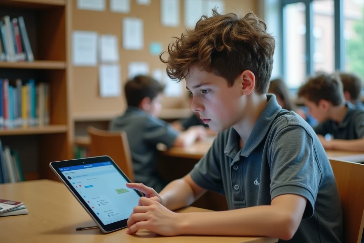 Adolescent consultant ses devoirs sur tablette via OZE 92 dans une bibliothèque scolaire des Hauts-de-Seine