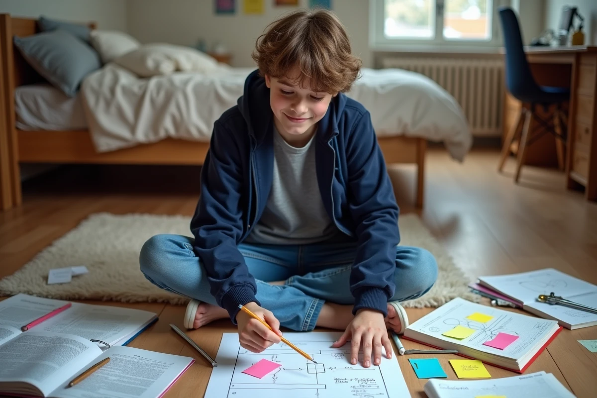Adolescent qui mémorise les formules trigonométriques sin et cos grâce à un schéma mnémotechnique dessiné à la main sur le sol de sa chambre