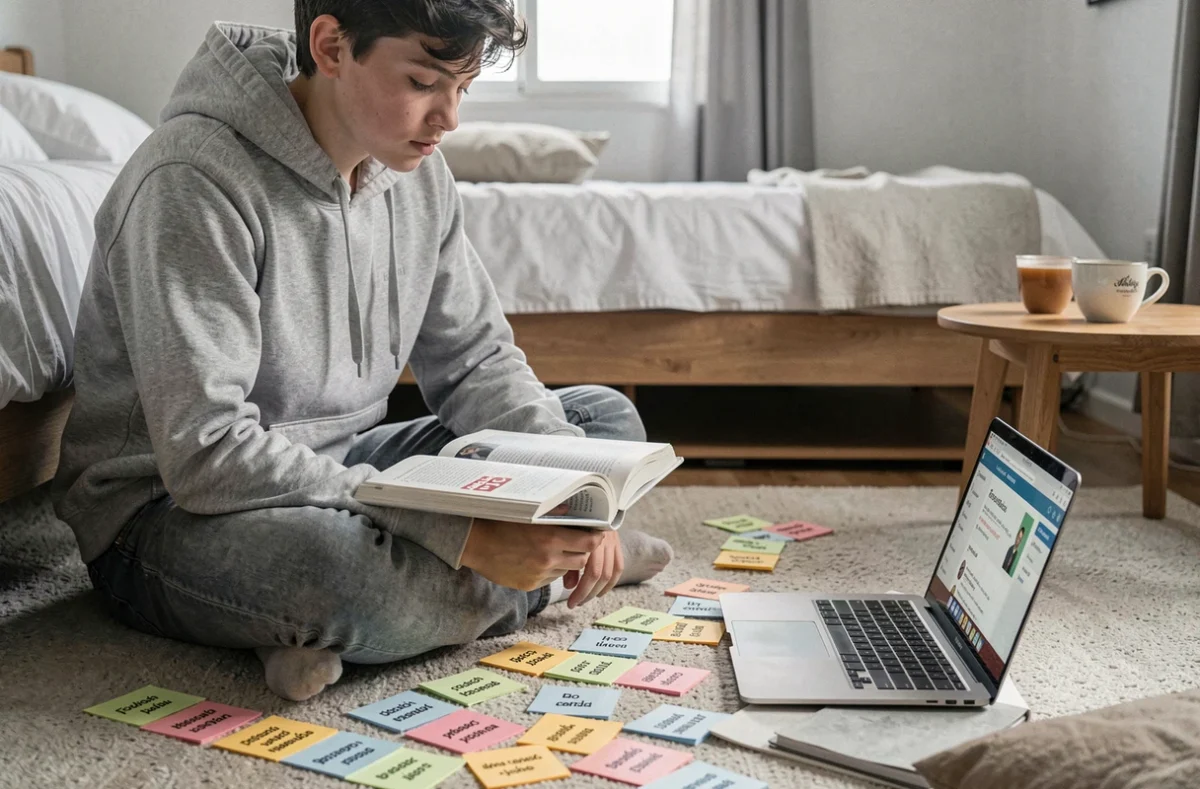 Adolescent révisant les temps du passé en espagnol avec un manuel et des fiches de vocabulaire colorées sur le sol de sa chambre