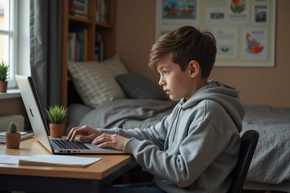 Jeune garçon en hoodie utilisant un ordinateur portable dans sa chambre