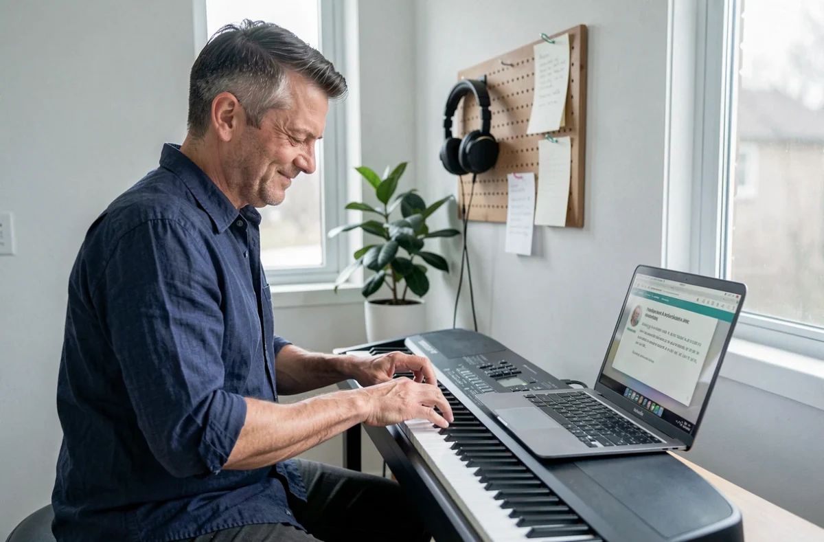 Homme adulte débutant apprenant le piano numérique en suivant un tutoriel vidéo à son bureau