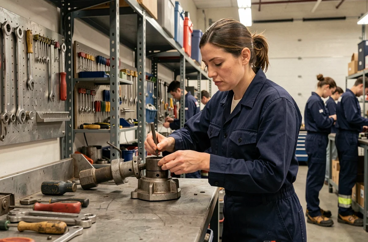 Femme en formation qualifiante à l'AFPA pratiquant une compétence professionnelle sur un établi dans un atelier d'insertion professionnelle