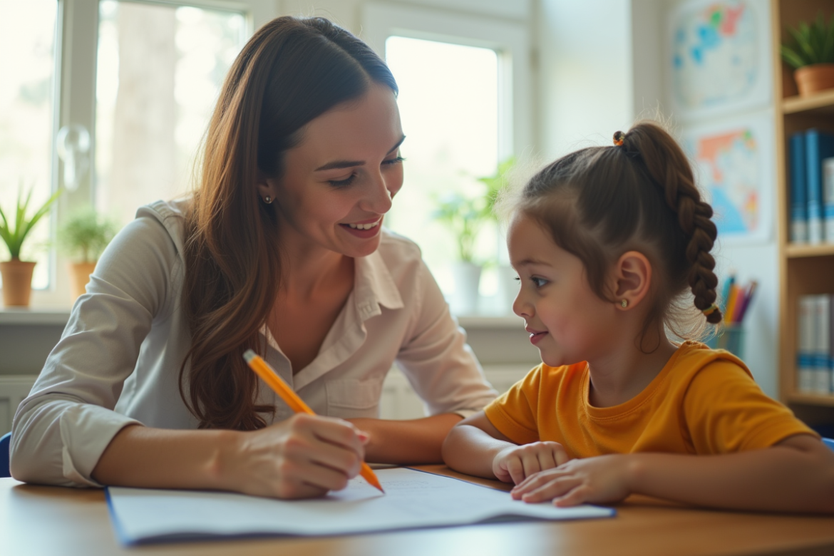 Assistante éducative aidant un enfant avec besoins spéciaux