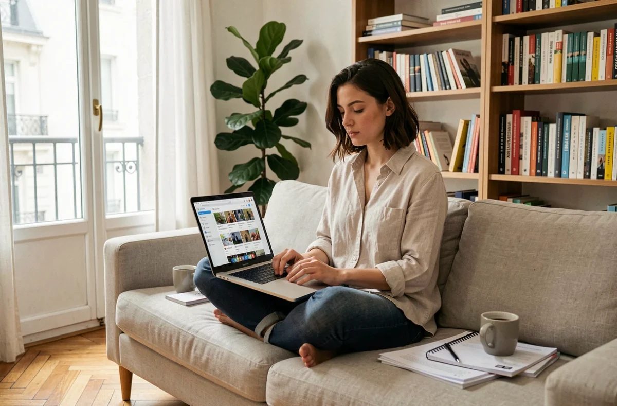 Étudiante en alternance marketing digital travaillant depuis chez elle sur un tableau de bord de campagne numérique dans un appartement parisien