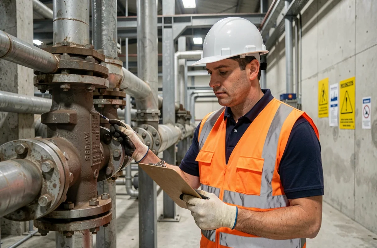 Inspecteur en équipement de protection individuelle examinant une installation industrielle dans le cadre d'une formation Apave sur la maîtrise des risques et la sécurité