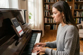 Femme apprenant le piano seule chez elle en 15 minutes avec un minuteur sur smartphone