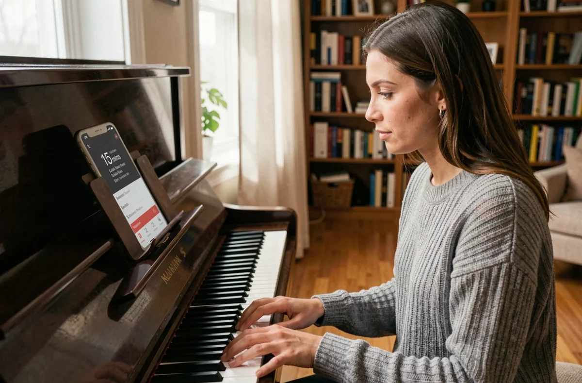 Femme apprenant le piano seule chez elle en 15 minutes avec un minuteur sur smartphone