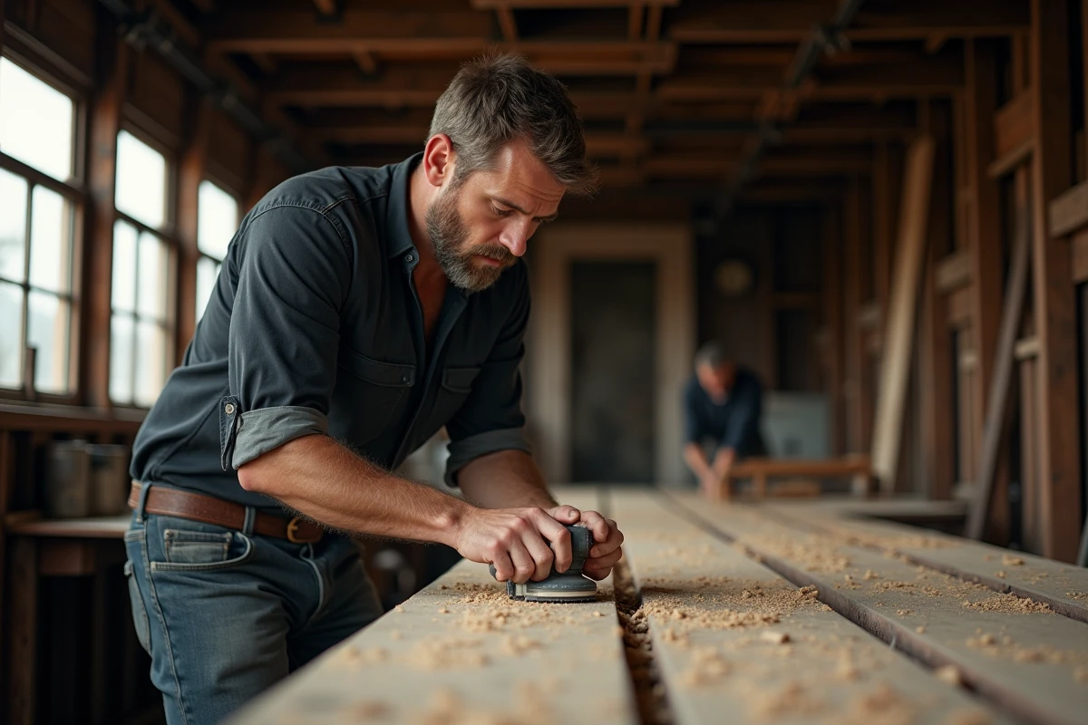 Artisan sciant du bois dans un wagon en restauration
