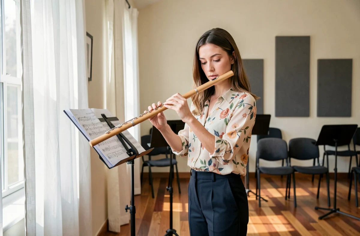 Une jeune femme jouant de la flûte dans une salle de répétition d'Avon Musique et Culture à Avon