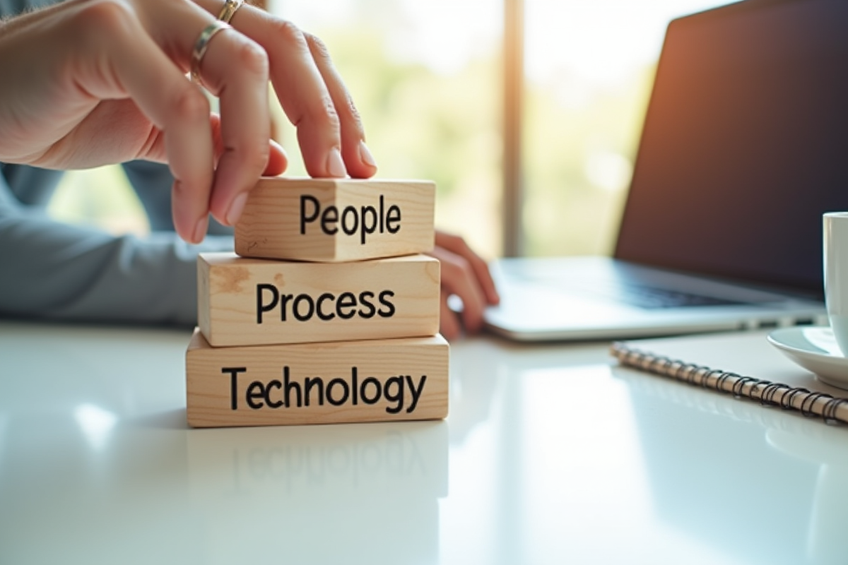 Mains empilant des blocs en bois sur un bureau lumineux