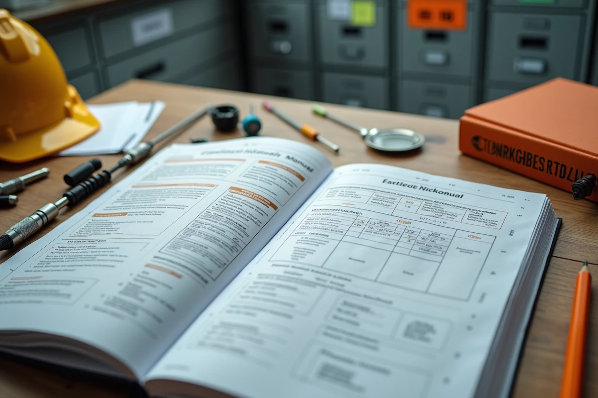 Vue aérienne d'un bureau de technicien avec le manuel Habilec 7 et la norme NF C 18-510 annotés, illustrant l'articulation des référentiels d'habilitation électrique