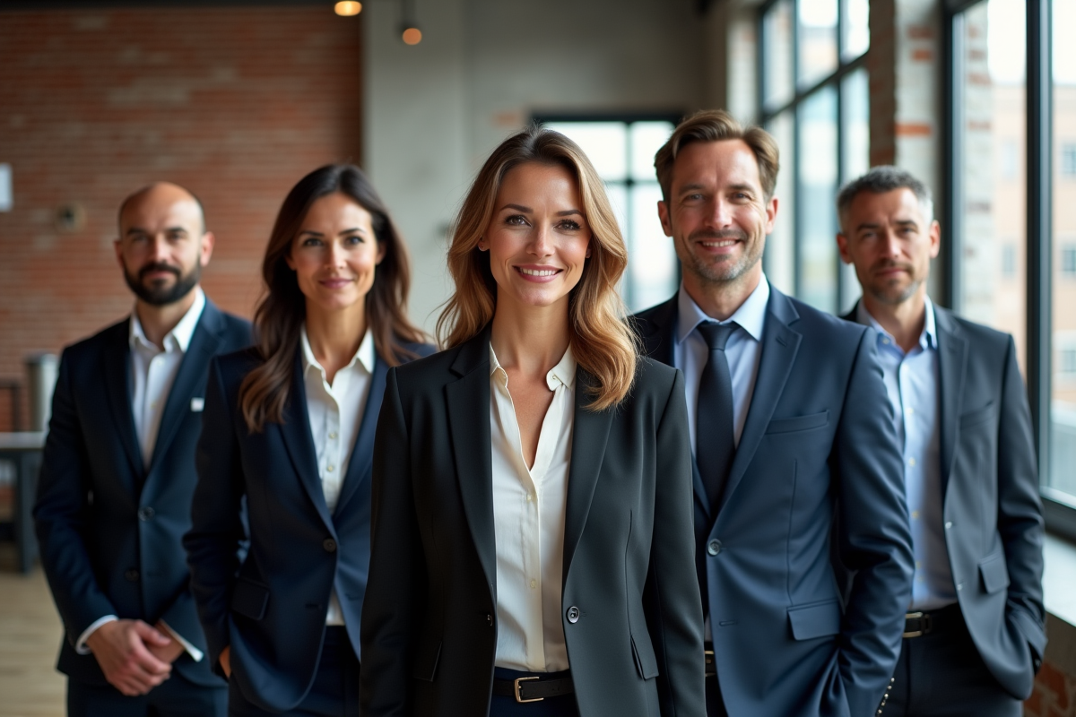 Cinq managers debout dans un espace de travail lumineux
