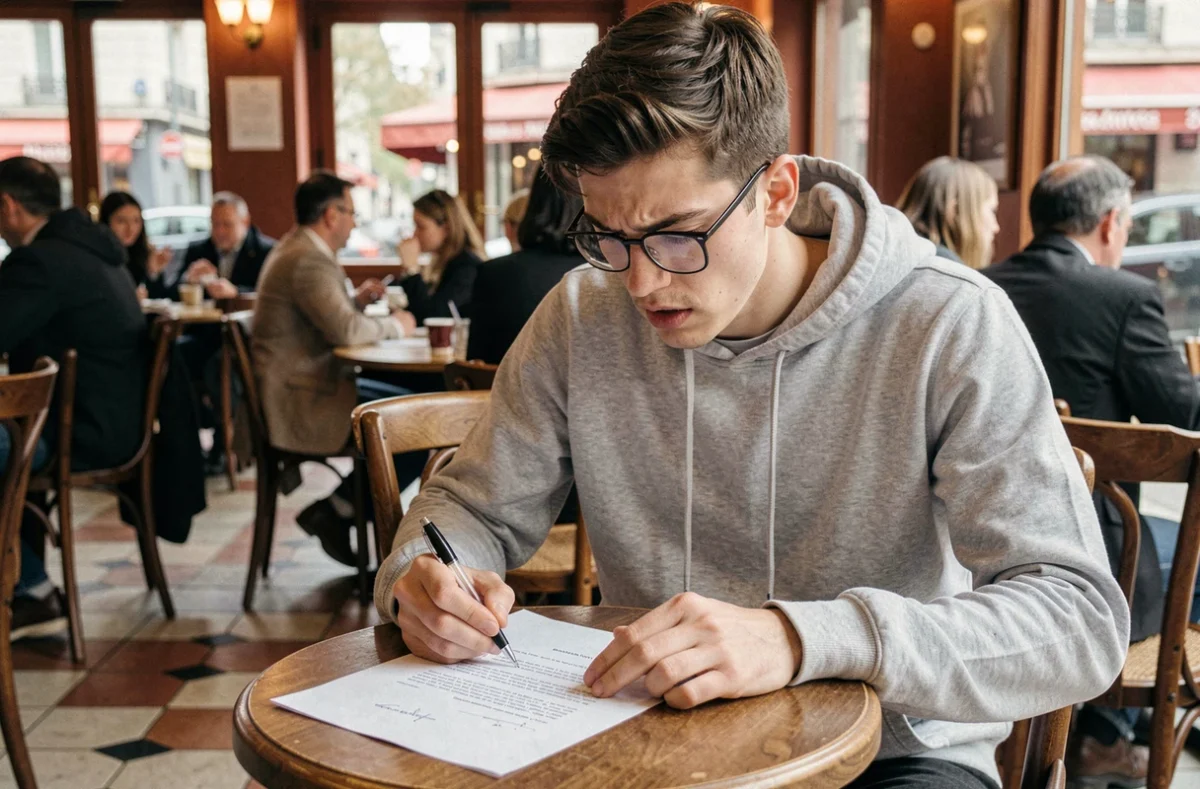 Jeune homme annotant sa lettre de motivation pour une candidature universitaire dans un café parisien