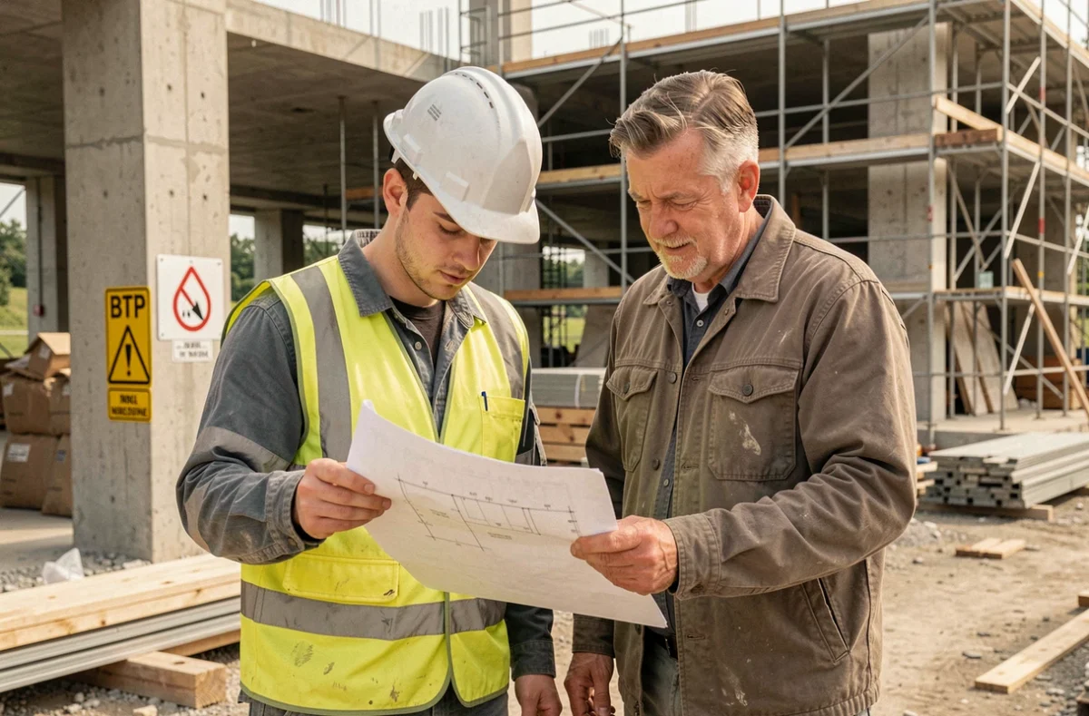 Apprenti et instructeur du CFA BTP Moselle étudiant des plans sur un chantier de construction