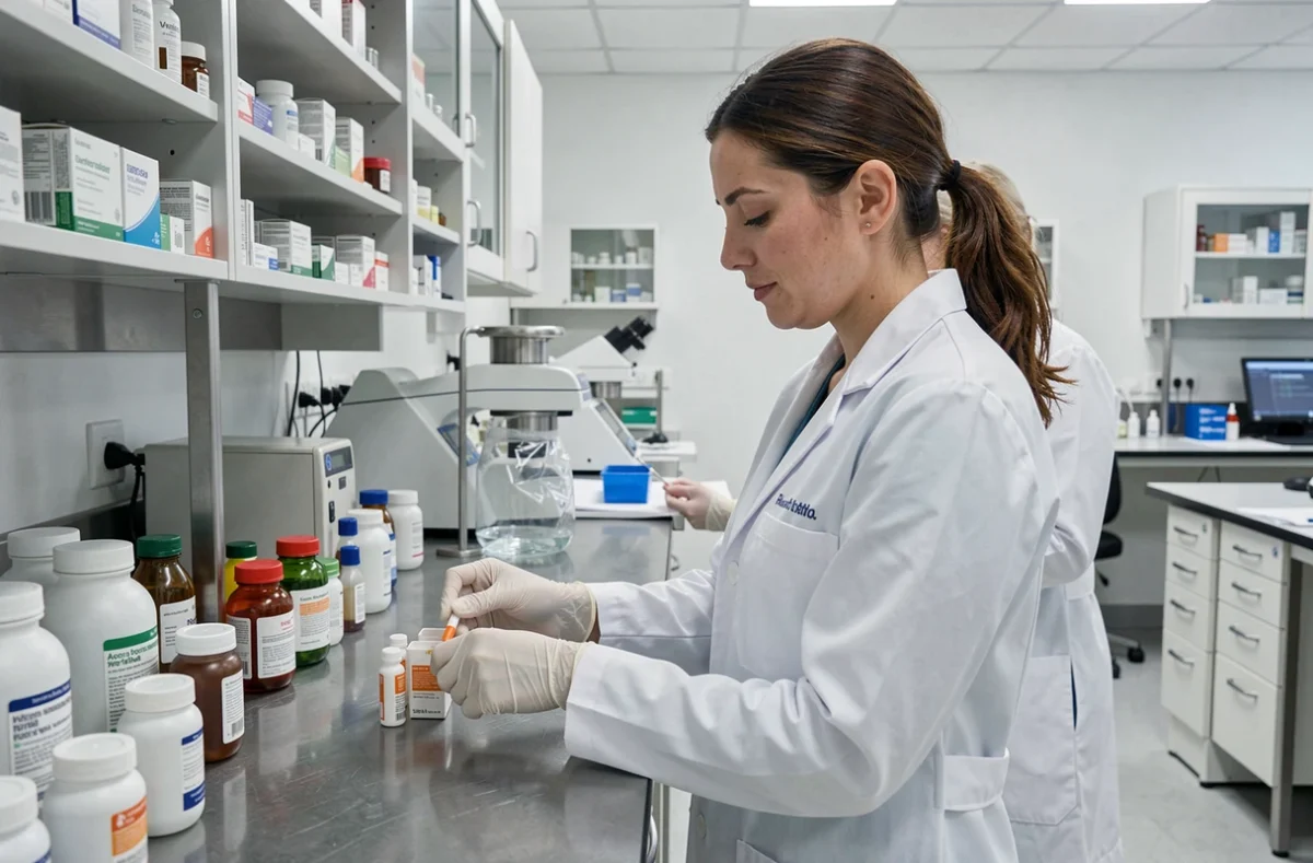 Stagiaire préparatrice en pharmacie hospitalière manipulant des médicaments sous supervision au CFPPH