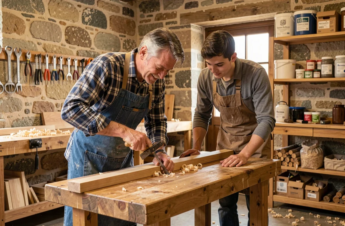 Artisan maître formateur de la Chambre de Métiers et de l'Artisanat de Bourgogne-Franche-Comté transmettant un savoir-faire en menuiserie à un apprenti dans un atelier traditionnel