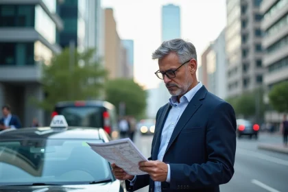 Homme VTC d'âge moyen vérifiant documents et plan urbain