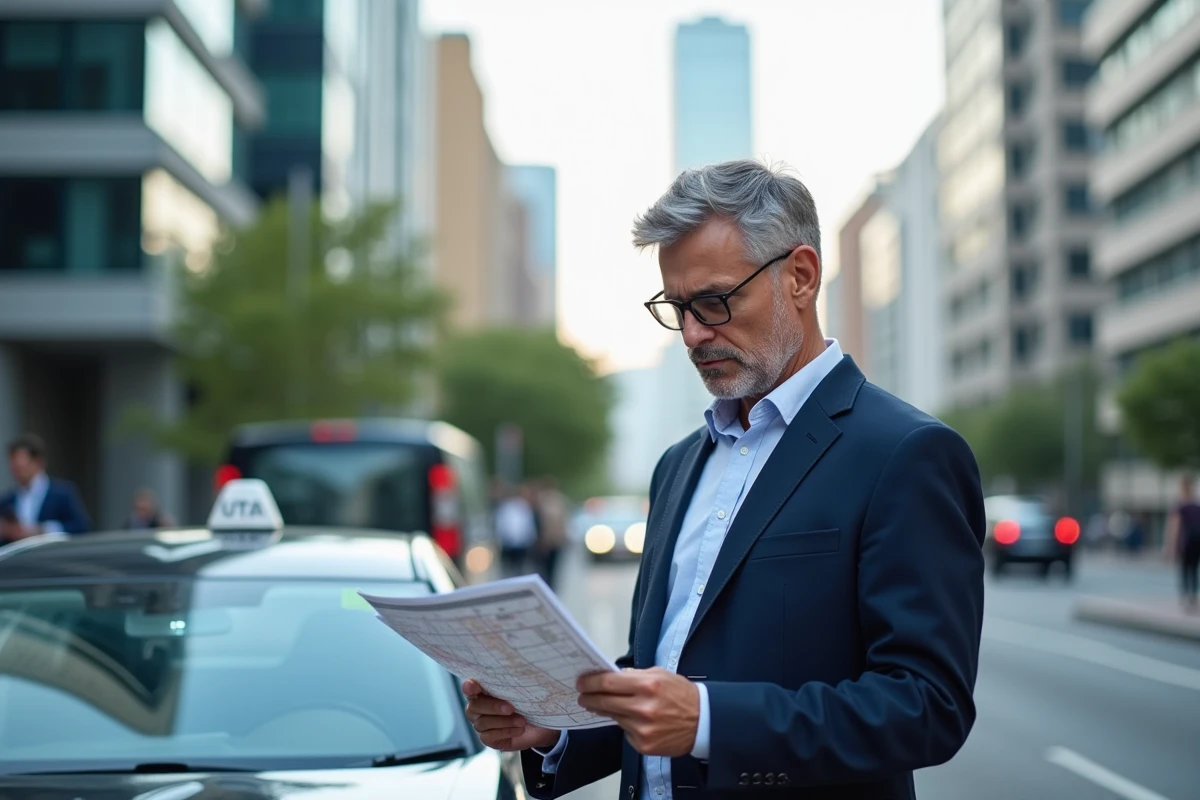 Homme VTC d'âge moyen vérifiant documents et plan urbain