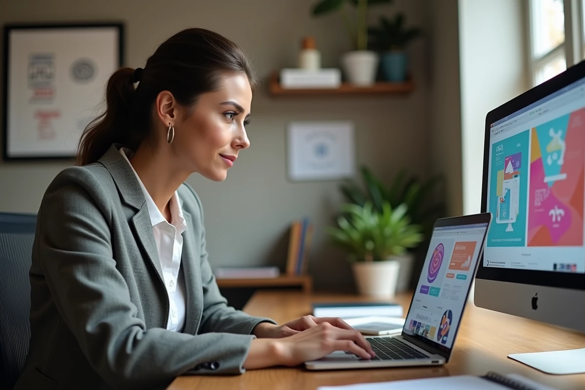 Cheffe d'entreprise utilisant Canva sur son ordinateur portable pour créer des visuels professionnels pour sa petite entreprise