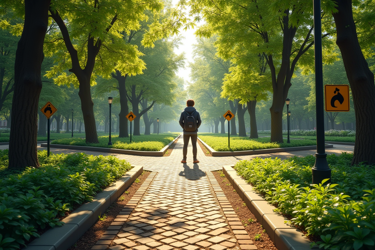 Une personne choisit un chemin dans un parc urbain ensoleille