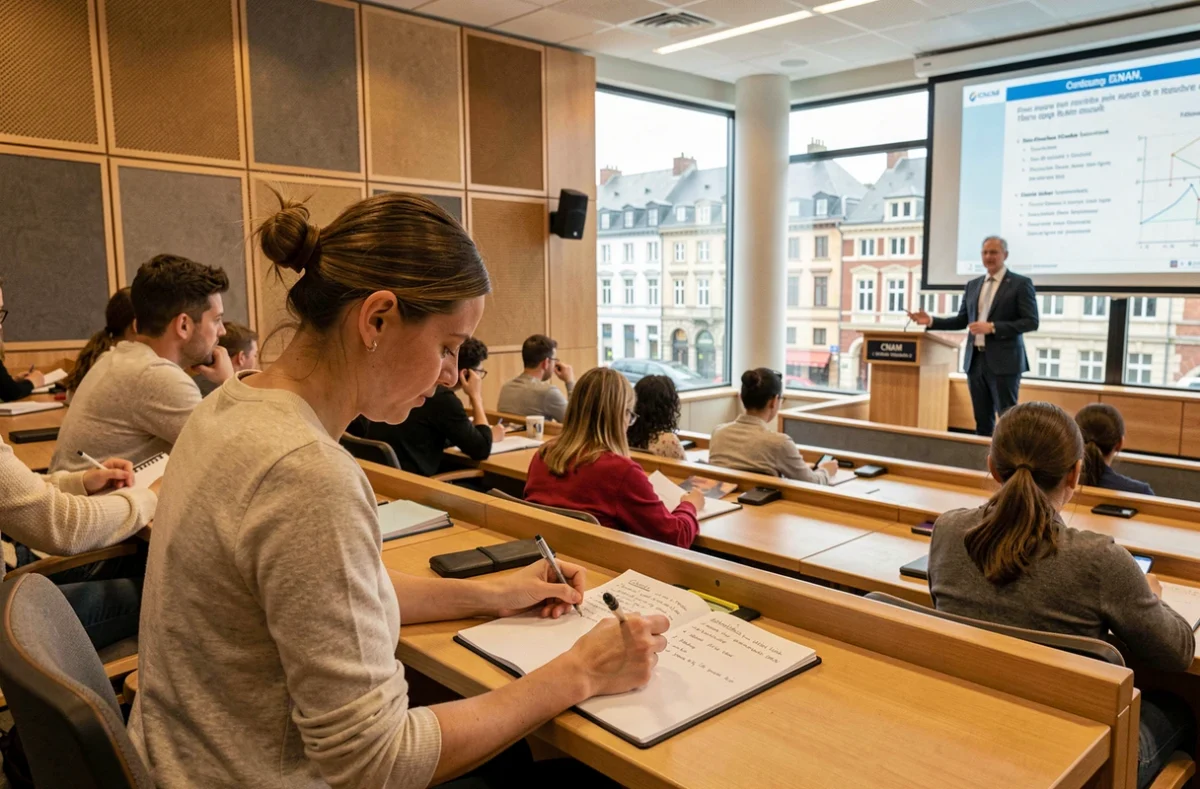 Étudiante adulte suivant un cours en auditoire au CNAM Grand Est, antenne de Metz