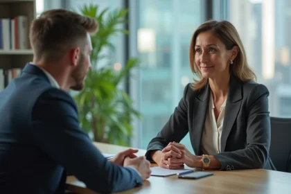 Coach femme en blazer face à un professionnel en bureau moderne