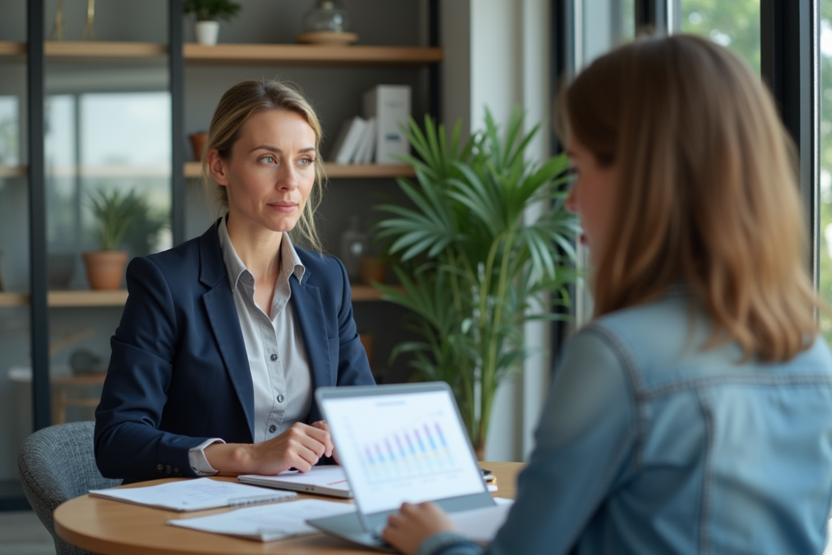 Coach femme en réunion avec client dans un bureau moderne
