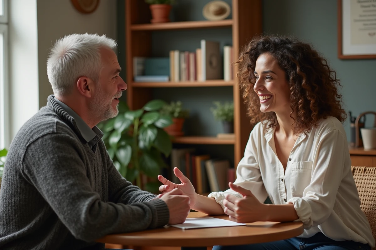 Coach homme en pull écoute une femme dans un bureau chaleureux