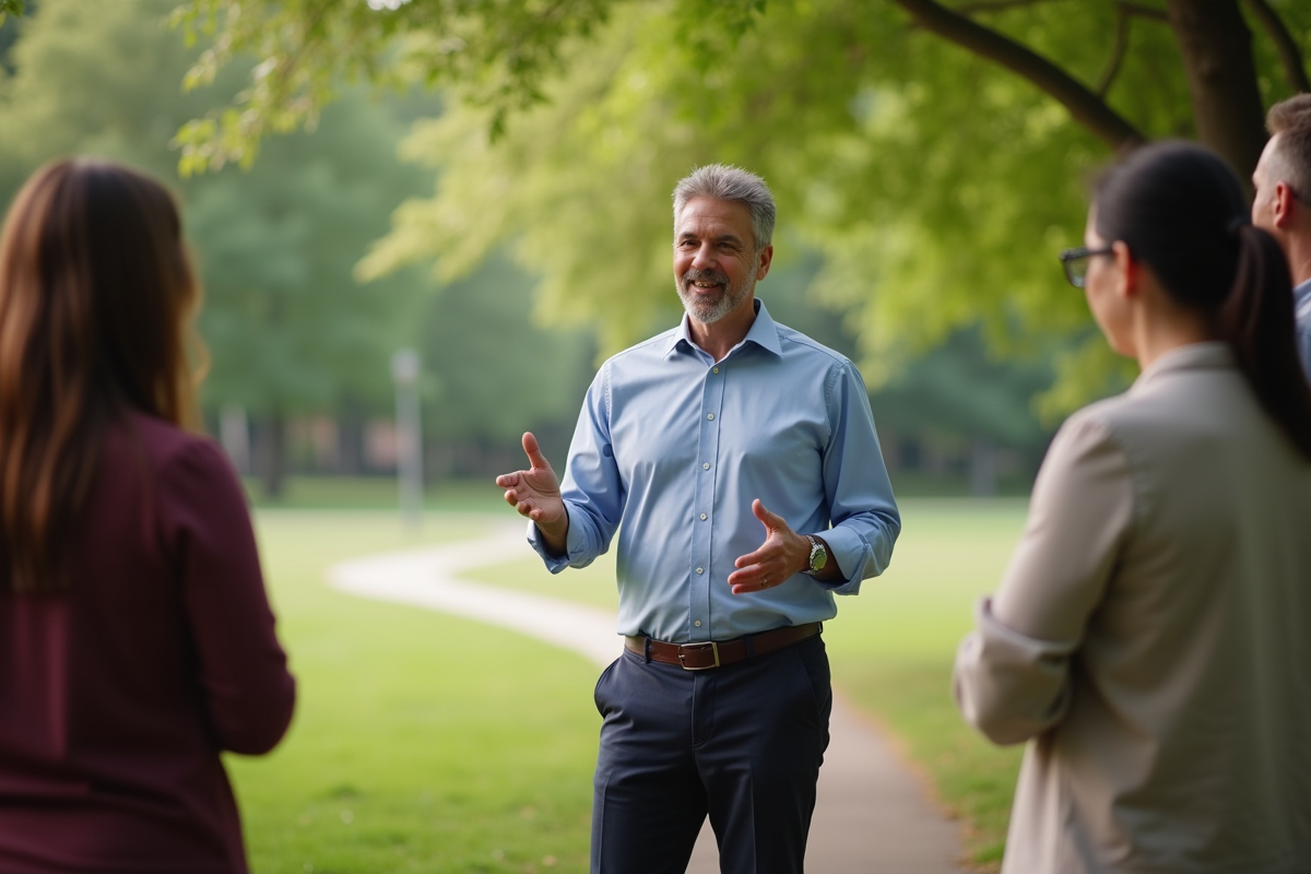Homme en coaching en plein air avec groupe divers
