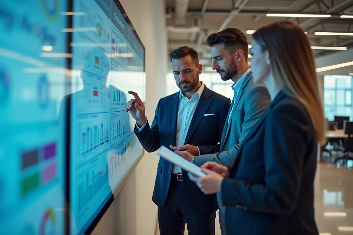 Trois collègues discutant devant un écran tactile dans un bureau