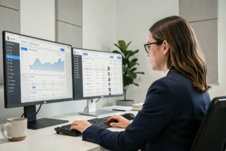 Femme professionnelle comparant un logiciel de newsletter et un CRM sur deux écrans dans un bureau moderne
