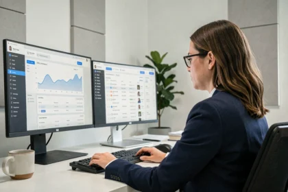 Femme professionnelle comparant un logiciel de newsletter et un CRM sur deux écrans dans un bureau moderne