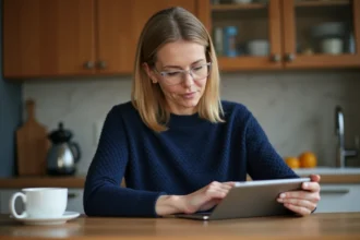 Femme configurant l'accès familial partagé sur une tablette dans une cuisine