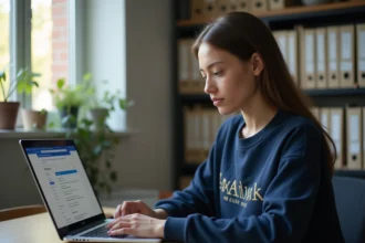 Étudiante configurant sa boîte mail académique Clermont-Ferrand sur Outlook depuis un bureau universitaire