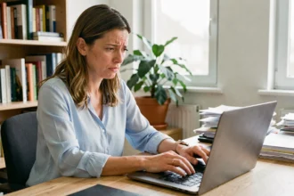 Femme consultant un message d'erreur de connexion sur son ordinateur portable depuis un bureau à domicile