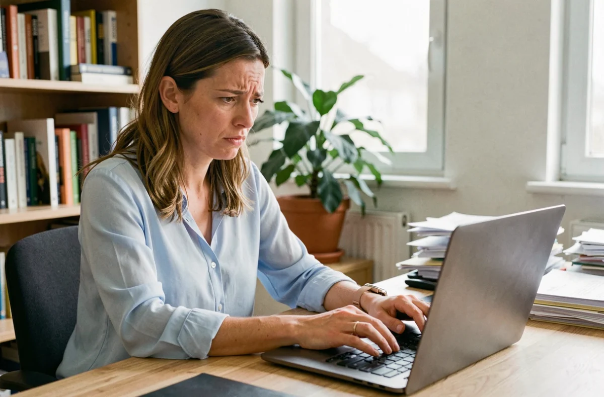 Femme consultant un message d'erreur de connexion sur son ordinateur portable depuis un bureau à domicile