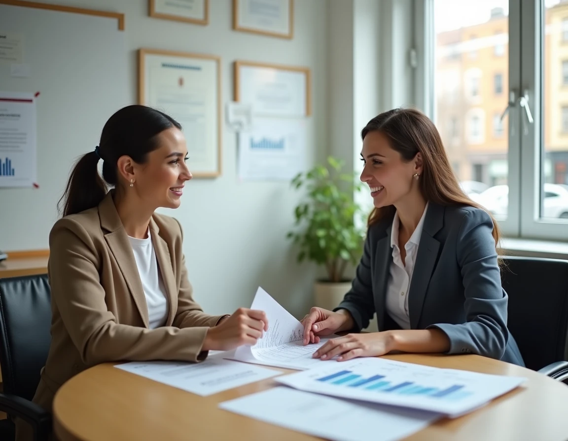 Conseillère financière aidant une future hôtesse de l'air à planifier le financement de sa formation CCA