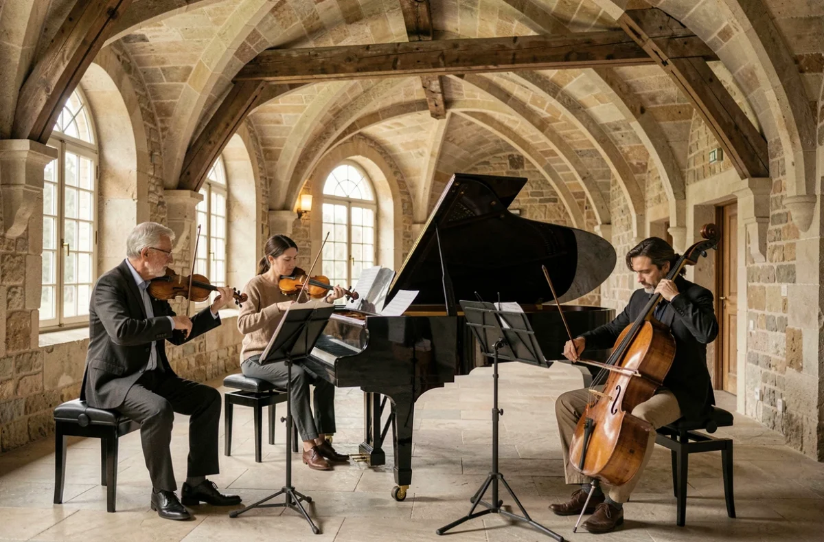 Un ensemble de musiciens adultes en répétition au Conservatoire Musiques en Seine à Moret-Loing-et-Orvanne
