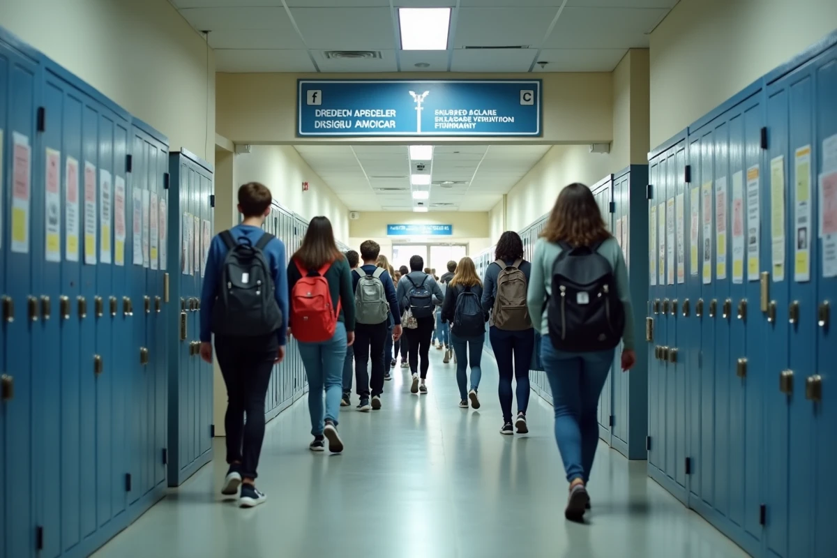 Couloir principal bondé d'un grand lycée français avec panneaux d'orientation vers différentes filières