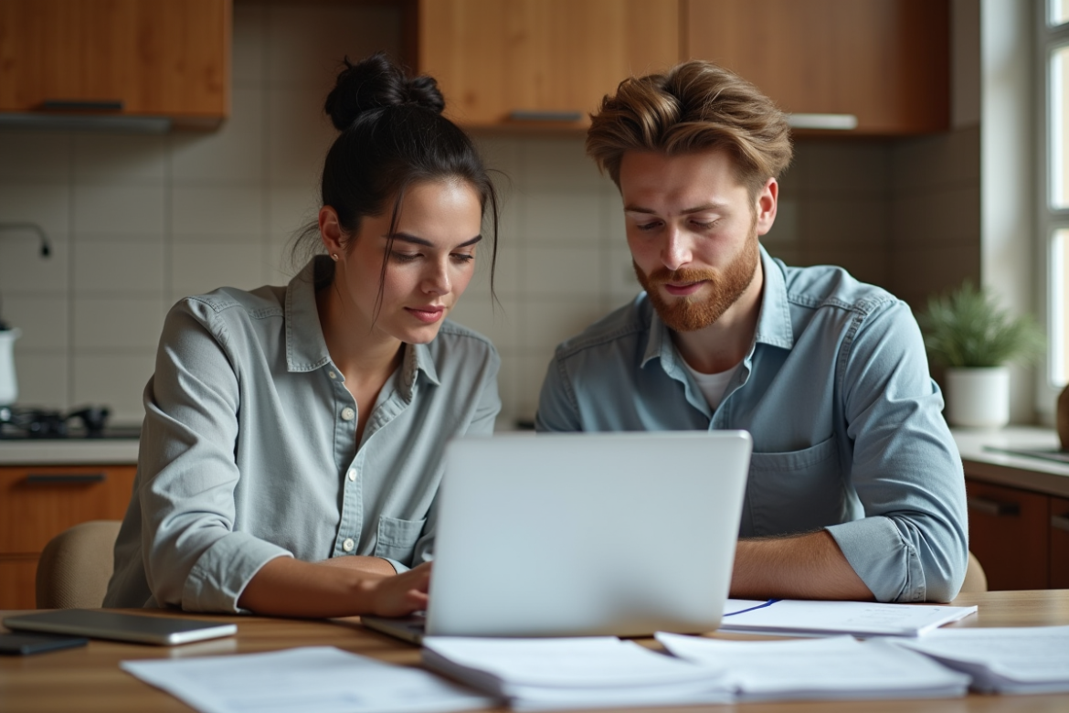 Couple en cuisine travaillant sur des documents de formation