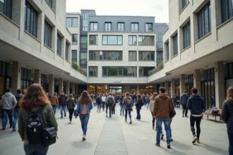 Cour de récréation animée d'un grand lycée français avec des centaines d'élèves entre les cours