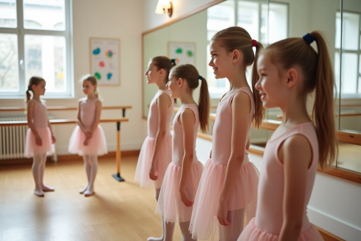 Groupe de jeunes filles en cours de danse classique dans un studio bienveillant à Lille, devant une barre et un miroir