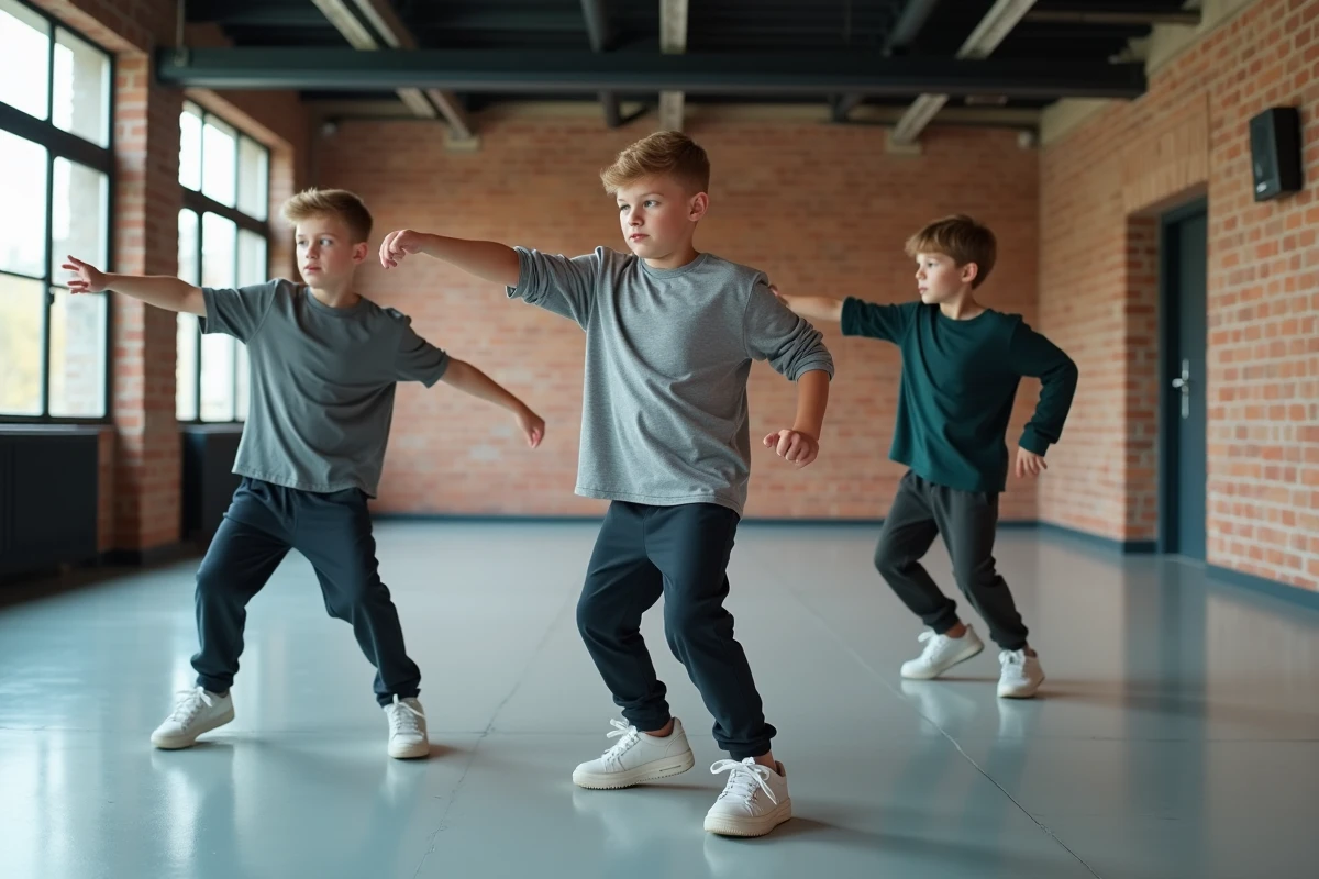 Trois jeunes garçons en cours de danse hip-hop dans un studio moderne à Lille, pratiquant une chorégraphie synchronisée