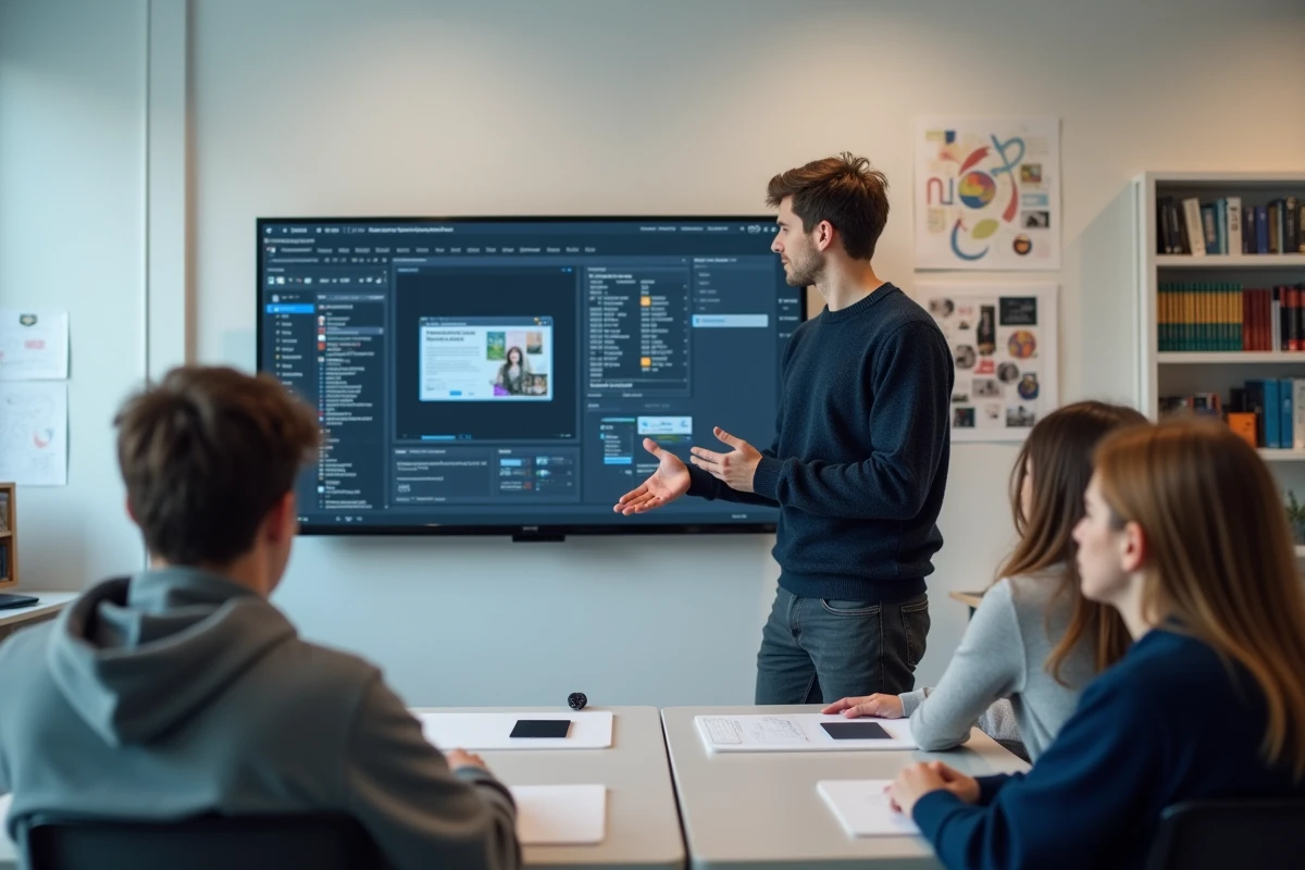 Étudiant en design expliquant un cours numérique sur MJM CLOUD devant un écran mural dans une salle de classe moderne