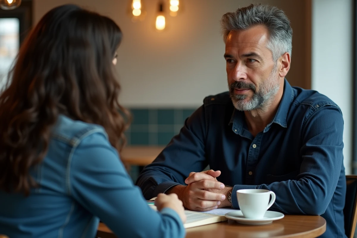 Homme adulte en cours de conversation avec un tuteur d'espagnol dans un café autour d'exercices de conjugaison