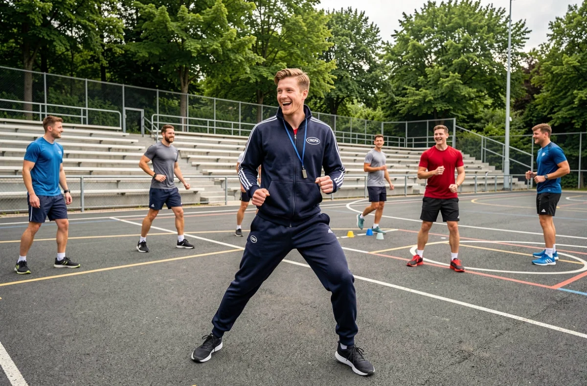 Éducateur sportif du CREPS Bourgogne-Franche-Comté animant une session d'activité physique avec des jeunes adultes dans un complexe sportif régional